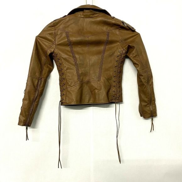 Coffee Shop Women Faux Leather Jacket Brown Zippered Size S - Picture 2 of 10